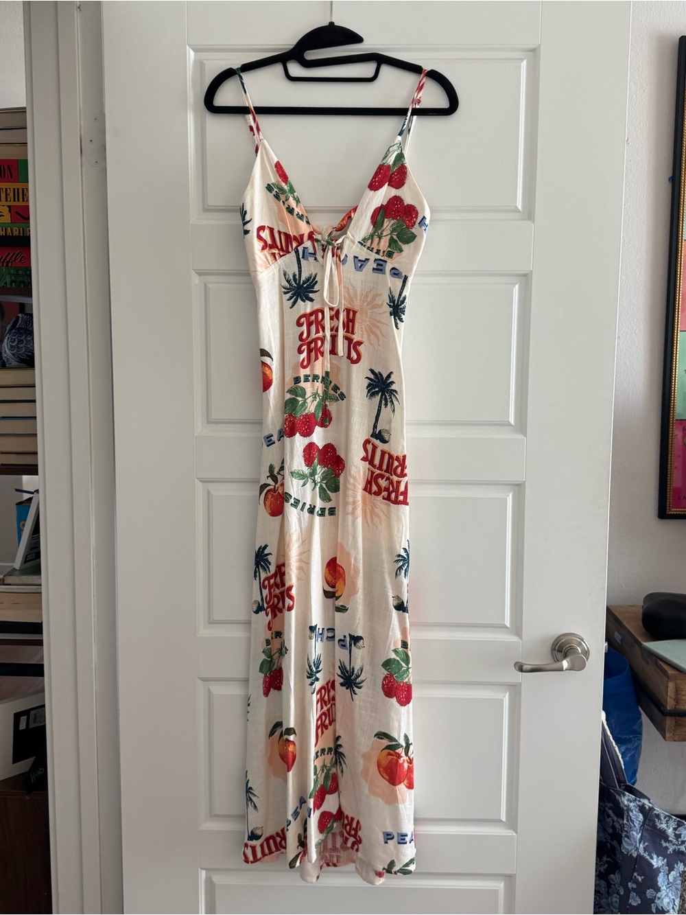 Cream Fruit-Print Spaghetti-Strap Maxi Dress